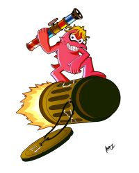 Rule 34 | 1other, bazooka, creature, digimon, facing viewer, flying, full body, gerbemon, grin, highres, looking at viewer, simple background, smile, solo, tail, tattoo, trash can, weapon, white background