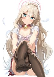 Rule 34 | 1girl, :o, ahoge, aqua eyes, bell, black pantyhose, blonde hair, blush, bra, breasts, brown pantyhose, cleavage, collar, dressing, feathers, feet, foot focus, highres, jingle bell, kanzarin, leg up, long hair, miniskirt, no shoes, open clothes, open shirt, original, panties, pantyhose, pantyshot, parted lips, shirt, simple background, sitting, skirt, small breasts, solo, toes, unbuttoned, unbuttoned shirt, underwear, upskirt, very long hair, wavy hair, white background, white bra, white panties, white shirt, white skirt