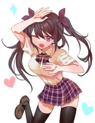 Rule 34 | 1girl, :d, absurdres, arm up, black hair, black thighhighs, bow, bowtie, breasts, brown footwear, collared shirt, commentary request, foot out of frame, hair between eyes, hair bow, heart, highres, himekaidou hatate, kanta (pixiv9296614), large breasts, loafers, long hair, looking at viewer, medium bangs, one eye closed, open mouth, plaid, plaid bow, plaid bowtie, plaid skirt, purple bow, purple bowtie, purple eyes, purple skirt, shirt, shirt tucked in, shoes, short sleeves, simple background, skirt, smile, solo, sparkle, thighhighs, touhou, twintails, white background, white shirt