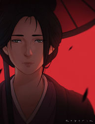 Rule 34 | 1girl, black hair, emma the gentle blade, eyelashes, eyeliner, forehead, from software, green eyes, hairband, japanese clothes, kimono, koyorin, lips, looking at viewer, makeup, nose, oil-paper umbrella, pursed lips, red background, sekiro: shadows die twice, signature, solo, umbrella, updo
