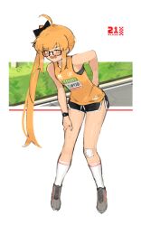 Rule 34 | 1girl, absurdres, black bow, black shorts, blonde hair, bow, breasts, full body, glasses, hair bow, highres, original, shoes, short shorts, shorts, side ponytail, small breasts, socks, solo, tank top, track and field, track uniform, watch, white background, wristwatch, xerbatt, yellow eyes, yellow tank top
