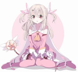 Rule 34 | 1girl, :o, bare shoulders, blush, boots, brown hair, commentary request, detached sleeves, eyebrows hidden by hair, fate/kaleid liner prisma illya, fate (series), full body, gloves, hair between eyes, hair ornament, highres, illyasviel von einzbern, long hair, long sleeves, looking at viewer, magical ruby, parted lips, pink background, pink footwear, pink shirt, pink sleeves, pink thighhighs, prisma illya, red eyes, shadow, shirt, sitting, sleeveless, sleeveless shirt, solo, tantan men (dragon), thigh boots, thighhighs, two-tone background, two side up, wariza, white background, white gloves
