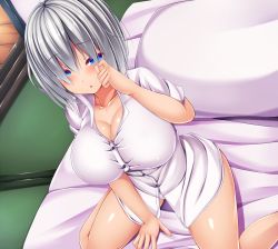Rule 34 | 1girl, :o, alternate costume, bare legs, between legs, blue eyes, blush, breasts, cleavage, collarbone, collared shirt, commentary request, dress shirt, from above, fujimiya yahiro, futon, hair over eyes, half-closed eyes, hamakaze (kancolle), hand between legs, hand up, kantai collection, large breasts, looking at viewer, no pants, on bed, parted lips, pillow, shiny skin, shirt, short sleeves, silver hair, sitting, sleepy, solo, tatami, white shirt, wing collar, wiping face