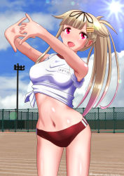 Rule 34 | 1girl, absurdres, alternate costume, alternate hairstyle, black ribbon, blonde hair, blue sky, buruma, cloud, commentary request, cowboy shot, day, fang, gradient hair, gym uniform, hair ribbon, highres, kantai collection, long hair, messy hair, midriff, multicolored hair, noppo-san, open mouth, outdoors, ponytail, red buruma, red eyes, ribbon, shirt, sky, sleeves rolled up, smile, solo, sun, tied shirt, yuudachi (kancolle), yuudachi kai ni (kancolle)