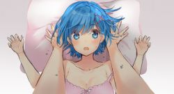Rule 34 | 10s, 1girl, :o, bare arms, bare shoulders, blue eyes, blue hair, blush, breasts, cleavage, commentary, dress, foreshortening, hair ornament, looking at viewer, lying, medium breasts, mochii, nightgown, off shoulder, on back, open mouth, pillow, pink dress, pov, pov hands, re:zero kara hajimeru isekai seikatsu, rem (re:zero), short hair, signature, solo focus, surprised, sweat, x hair ornament