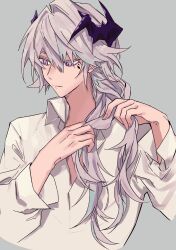 Rule 34 | 1boy, arknights, blue hair, braid, braiding hair, commentary, cropped torso, dragon boy, dragon horns, frown, grey background, grey hair, hairdressing, highres, horns, light blue hair, long sleeves, looking to the side, material growth, multicolored hair, open clothes, open shirt, oripathy lesion (arknights), purple eyes, puzzle (arknights), shirt, shouganaigame, simple background, sketch, solo, streaked hair, white shirt