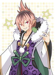 Rule 34 | 1boy, bow, brown hair, chain, chain necklace, collarbone, cowboy shot, disgaea, folded ponytail, fur trim, green bow, grin, highres, jewelry, looking at viewer, makai senki disgaea 7, male focus, multicolored hair, necklace, pointy ears, polka dot, polka dot background, red eyes, smile, solo, star (symbol), suaman, waist bow, yellow background, yeyasu (disgaea)