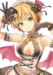 Rule 34 | 1boy, 1girl, arm guards, armpits, bare shoulders, black ribbon, blonde hair, breasts, chibi, cleavage, cleavage cutout, clothing cutout, demon wings, dress, emoji, fake wings, floral print, gloves, green eyes, hands up, headdress, highres, idolmaster, idolmaster cinderella girls, idolmaster cinderella girls starlight stage, lace, lace gloves, looking at another, medium breasts, meisa, mini person, miniboy, miyamoto frederica, open mouth, pleading face emoji, producer (idolmaster), ribbon, sash, short hair, signature, simple background, solo, white background, white dress, wing hair ornament, wings, yellow ribbon