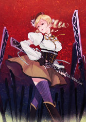 Rule 34 | 10s, 1girl, bad id, bad pixiv id, beret, blonde hair, boots, bow, corset, detached sleeves, drill hair, field of blades, fingerless gloves, gloves, gun, hair ornament, hairpin, hat, kyuugou (ninekoks), magical girl, magical musket, mahou shoujo madoka magica, mahou shoujo madoka magica (anime), pleated skirt, puffy sleeves, purple thighhighs, ribbon, rifle, shirt, skirt, smile, solo, striped clothes, striped thighhighs, taut clothes, taut shirt, thighhighs, tomoe mami, twin drills, vertical-striped clothes, vertical-striped thighhighs, weapon, yellow eyes, zettai ryouiki