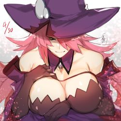 Rule 34 | 1girl, arm between breasts, bad id, bad twitter id, bare shoulders, between breasts, birthday, blazblue, blazblue: central fiction, breasts, cape, cleavage, dated, gloves, hair over one eye, hand on own breast, happy birthday, hat, highres, konoe a. mercury, large breasts, long hair, looking at viewer, pink hair, roas01b, simple background, smile, solo, witch, witch hat, yellow eyes