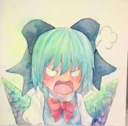 Rule 34 | 1girl, angry, blue hair, bow, cirno, fume, hair bow, ice, ice wings, open mouth, painting (medium), solo, touhou, traditional media, watercolor (medium), wings, yuyu (00365676)