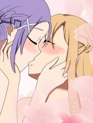 Rule 34 | 2girls, absurdres, asuna (sao), bare shoulders, blush, braid, closed eyes, ears, flower, hair ornament, highres, kiss, long sleeves, mito (sao), multiple girls, nose, nude, sword art online, white background, yuri