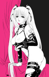 Rule 34 | 1girl, ass, bad id, bad pixiv id, bare shoulders, breasts, bridal gauntlets, buckle, bustier, collar, elbow gloves, female focus, gloves, hair ribbon, hatsune miku, highres, izui, lingerie, long hair, medium breasts, monochrome, nipples, ribbon, solo, thighhighs, twintails, underwear, very long hair, vocaloid