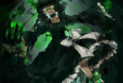 Rule 34 | 10s, 1girl, black hair, black rock shooter, bow, chillile, choker, claws, dead master, dress, glowing, glowing eyes, green eyes, grin, horns, smile, solo