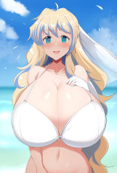 Rule 34 | 1girl, ahoge, blue eyes, blush, bra, breasts, cleavage, collarbone, earrings, elbow gloves, gigantic breasts, gloves, highres, huge breasts, jewelry, long hair, looking at viewer, modouchi output, navel, nia teppelin, open mouth, shiny skin, sky, smile, solo, stomach, symbol-shaped pupils, tengen toppa gurren lagann, underwear, unusual pupils, upper body, white bra