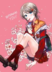 Rule 34 | 1girl, bag, blue eyes, blush, brown footwear, brown hair, character name, collared shirt, emblem, flower, food, food in mouth, full body, hair ornament, hairclip, heart, heart hair ornament, hyugo, jacket, kneehighs, loafers, long hair, long sleeves, looking at viewer, love live!, love live! school idol festival, love live! sunshine!!, low ponytail, miniskirt, necktie, off shoulder, open clothes, open jacket, orange shirt, petals, pink background, pink flower, plaid, plaid skirt, pleated skirt, pocky, red necktie, red skirt, red socks, school bag, school uniform, shiny skin, shirt, shoes, sitting, skirt, socks, solo, tareme, thighs, unbuttoned, watanabe you, white jacket, wing collar