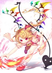 Rule 34 | &gt;:), 1girl, absurdres, antenna hair, arm up, ascot, blonde hair, bobby socks, bow, commentary request, crystal, dated, fire, flandre scarlet, frilled shirt collar, frills, gunjou row, highres, holding, holding weapon, laevatein, leaning forward, mary janes, no headwear, one side up, outstretched arm, outstretched leg, partially translated, puffy short sleeves, puffy sleeves, red eyes, red footwear, red ribbon, red skirt, ribbon, running, sash, shoes, short hair with long locks, short sleeves, side ponytail, signature, skirt, skirt set, smile, socks, solo, standing, standing on one leg, torn clothes, touhou, translation request, weapon, white bow, white socks, wings, yellow ascot