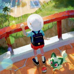 Rule 34 | 1other, absurdres, backpack, bag, beach, black bag, black footwear, commentary request, creatures (company), day, fence, game freak, grass, hand up, hat, highres, kneehighs, lens flare, nintendo, official art, orange shorts, outdoors, palm tree, poke ball, poke ball (basic), pokemon, pokemon (creature), pokemon sv, sand, school uniform, shadow, shirt, shoes, shore, short sleeves, shorts, socks, sprigatito, standing, tree, water, white headwear, white socks, zipper, zipper pull tab