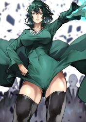 Rule 34 | 1girl, absurdres, bad id, bad twitter id, black hair, black thighhighs, breasts, cameltoe, chain, chain necklace, clothes lift, covered erect nipples, covered navel, crowd, dress, dress lift, floating clothes, floating rock, fubuki (one-punch man), glowing, glowing hand, green dress, green eyes, hand on own hip, high collar, highres, jewelry, medium breasts, medium hair, messy hair, necklace, no bra, one-punch man, revision, solo focus, taut clothes, taut dress, telekinesis, thick thighs, thighhighs, thighs, wind, wind lift, yoshio (55level)