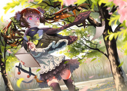 Rule 34 | 1girl, :o, argyle, argyle clothes, argyle legwear, bag, black thighhighs, blurry, bow, bowtie, brown hair, brown scarf, capelet, depth of field, flower, frills, fur trim, hair bow, hair flower, hair ornament, holding, leaf, long hair, notebook, open mouth, original, paper, pen, pink eyes, scarf, skirt, solo, striped, thighhighs, tree, tsukii, twintails, wind, zettai ryouiki