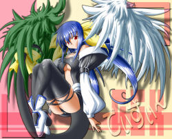 Rule 34 | 1girl, arc system works, asymmetrical wings, blue hair, character name, dizzy (guilty gear), guilty gear, nekono matatabi, red eyes, ribbon, solo, tail, tail ornament, tail ribbon, thighhighs, wings