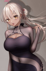 Rule 34 | 1girl, breasts, bridal gauntlets, brown eyes, cleavage cutout, clothing cutout, cocktail dress, covered navel, dark-skinned female, dark skin, dress, earrings, hair ornament, hairclip, highres, hololive, hololive english, jewelry, large breasts, long hair, rryiup, signature, tsukumo sana, virtual youtuber