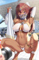 Rule 34 | 1girl, alice gear aegis, arabian clothes, armpits, arms up, bikini, blurry, breasts, brown hair, camera, circlet, cleavage, dark-skinned female, dark skin, depth of field, detached sleeves, fatima betrorum, large breasts, long hair, long sleeves, mouth veil, navel, parted lips, people, photo shoot, purple eyes, see-through, smile, solo focus, spread legs, squatting, swimsuit, thighlet, tokyo big sight, veil, white bikini, zukky