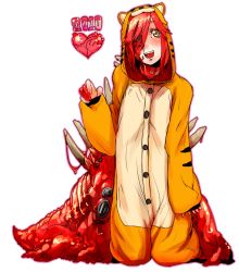 Rule 34 | 10s, 1girl, 2010, animal costume, animal print, blush, chinese zodiac, flesh, guro, heart, mado (mukade tou), meat jersey girl, monster girl, new year, one-eyed, open mouth, original, red hair, short hair, simple background, smile, solo, tiger costume, tiger print, white background, year of the tiger, yellow eyes