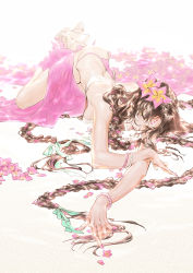 Rule 34 | 1girl, absurdres, aqua ribbon, bead necklace, beads, bikini, black hair, bracelet, braid, breasts, chinese commentary, cliff (42961931), commentary request, dress swimsuit, facial mark, fate/grand order, fate (series), flower, forehead mark, forehead tattoo, hair flower, hair ornament, hair ribbon, halterneck, high heels, highres, jewelry, long hair, looking at viewer, lying, medium breasts, multicolored hair, nail polish, necklace, on ground, parted bangs, parted lips, pearl bracelet, pearl necklace, petals, pink bikini, pink flower, pink hair, pink nails, pink sarong, ribbon, sessyoin kiara, sessyoin kiara (swimsuit mooncancer), sessyoin kiara (swimsuit mooncancer) (first ascension), shell, shell necklace, smile, solo, streaked hair, swimsuit, toenail polish, toenails, twin braids, very long hair, white background, white bikini, white footwear, yellow eyes
