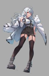 Rule 34 | 1girl, absurdres, ahoge, aoria, belt, black panties, black skirt, black thighhighs, boots, breasts, coat, coat on shoulders, collared shirt, commission, full body, garter straps, grey background, hand on own hip, hand up, highres, large breasts, long hair, long sleeves, looking at viewer, miniskirt, multiple belts, necktie, open clothes, open coat, original, panties, pantyshot, parted lips, pencil skirt, red eyes, shirt, shirt tucked in, sidelocks, silver hair, skirt, solo, standing, sweat, thighhighs, thighs, underwear, white coat, white shirt