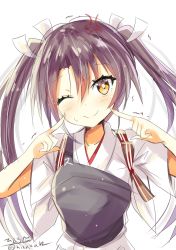 Rule 34 | 1girl, blush, brown eyes, closed mouth, grey hair, hair between eyes, hair ribbon, highres, hizaka, japanese clothes, kantai collection, kimono, long hair, looking at viewer, one-hour drawing challenge, one eye closed, ribbon, simple background, smile, solo, twintails, white background, white kimono, white ribbon, zuikaku (kancolle), zuikaku kai ni (kancolle)