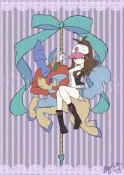 Rule 34 | 1girl, absurdres, arm support, bare legs, baseball cap, black vest, blue eyes, blue ribbon, breasts, brown eyes, brown hair, carousel, closed mouth, creatures (company), denim, denim shorts, expressionless, full body, game freak, gen 5 pokemon, hat, high ponytail, highres, hilda (pokemon), horns, keldeo, keldeo (resolute), legendary pokemon, long hair, looking at viewer, looking up, lupinus (ss2 agasa), mythical pokemon, nintendo, poke ball print, pokemon, pokemon (creature), pokemon bw, ponytail, ribbon, riding, riding pokemon, shorts, signature, simple background, single horn, sitting, smile, striped background, tail, vest
