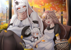 Rule 34 | 3girls, abyssal ship, ahoge, autumn, autumn leaves, bench, breasts, brown hair, claws, closed eyes, colored skin, day, dress, food, hair flaps, hairband, height difference, highres, horns, kantai collection, large breasts, long hair, low twintails, mittens, multiple girls, northern ocean princess, official alternate costume, outdoors, park bench, red eyes, red hairband, ribbed dress, scarf, seaport princess, selvalanch, shiratsuyu (kancolle), shiratsuyu kai ni (kancolle), short sleeves, single horn, sleeveless, sleeveless dress, sweater, sweater dress, sweet potato, tree, twintails, very long hair, white dress, white hair, white skin