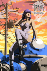 Rule 34 | 1girl, 1other, copyright name, curvy, cyborg, evening, ghost in the shell, ghost in the shell stand alone complex, highleg, highleg leotard, jacket, kit, kusanagi motoko, leotard, military, military vehicle, motor vehicle, powerlines, purple hair, revealing clothes, robot, short hair, sitting, tachikoma, tank, thong leotard, weapon