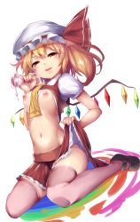 Rule 34 | 1girl, artificial vagina, blonde hair, blush, breasts, clothes lift, fang, flandre scarlet, hat, hat ribbon, karochii, looking at viewer, navel, nipples, open mouth, pink thighhighs, red eyes, ribbon, sex toy, short hair, side ponytail, sitting, skirt, skirt lift, small breasts, smile, solo, squeezing, thighhighs, tongue, tongue out, touhou, wariza, wings