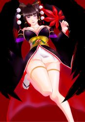 Rule 34 | 1girl, bad id, bad pixiv id, bare shoulders, black hair, black wings, bow, breasts, cleavage, collarbone, dead or alive, dead or alive 5, detached sleeves, dutch angle, eyeliner, feathered wings, geta, hair ornament, hair stick, hand fan, hat, highres, hime cut, holding, japanese clothes, kanzashi, kimono, knees together feet apart, large breasts, large wings, lipstick, looking at viewer, makeup, mole, mole under mouth, nyotengu, obi, pink lips, pom pom (clothes), purple eyes, red background, sash, short kimono, simple background, smile, solo, tabi, tengu, tengu-geta, tokin hat, twop-2p, wide sleeves, wings