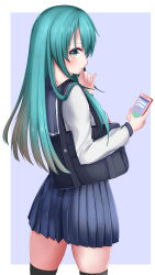 Rule 34 | 10s, 1girl, bag, black thighhighs, blue skirt, blush, cellphone, cowboy shot, from behind, green eyes, green hair, hand to own mouth, hands up, highres, holding, holding phone, kantai collection, legs apart, long hair, long sleeves, looking at viewer, looking back, neckerchief, outside border, phone, pleated skirt, satsukikyo, school bag, school uniform, self-upload, serafuku, shoulder bag, skindentation, skirt, smartphone, solo, standing, suzuya (kancolle), thighhighs, zettai ryouiki
