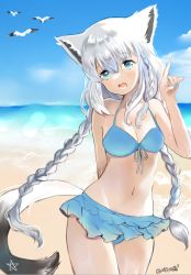 Rule 34 | 1girl, animal, animal ears, bare arms, bare shoulders, bikini, bird, blue bikini, blue eyes, blue nails, blue sky, braid, breasts, cleavage, cloud, commentary request, day, fox ears, fox girl, fox shadow puppet, fox tail, front-tie bikini top, front-tie top, hair between eyes, hand up, head tilt, hololive, horizon, long hair, looking at viewer, low twintails, lunacats, nail polish, navel, ocean, outdoors, seagull, shirakami fubuki, shirakami fubuki (hololive summer 2019), sky, small breasts, solo, swimsuit, tail, twin braids, twintails, twitter username, very long hair, virtual youtuber, water, white hair