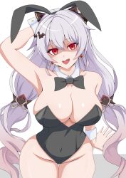 Rule 34 | 1girl, absurdres, animal ears, arm behind head, arm up, armpits, bare legs, bare shoulders, black bow, black bowtie, bow, bowtie, breasts, cleavage, collar, cowboy shot, detached collar, earrings, eyebrows, fake animal ears, fang, groin, hair bow, hair ornament, highleg, highleg leotard, highres, honkai (series), honkai impact 3rd, jewelry, large breasts, leotard, light blush, long hair, looking at viewer, nobu teio, open mouth, partially shaded face, playboy bunny, presenting armpit, rabbit ears, red eyes, simple background, sitting, solo, theresa apocalypse, theresa apocalypse (luna kindred), theresa apocalypse (lunar vow: crimson love), thighs, very long hair, white background, white collar, white hair, white wrist cuffs, wrist cuffs