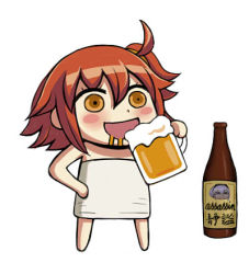 Rule 34 | 1girl, ahoge, alcohol, beer, blush, blush stickers, bottle, chibi, cup, drink, drinking, drooling, english text, fate/grand order, fate (series), female focus, fujimaru ritsuka (female), full body, hair tie, hand on own hip, hand up, hassan of serenity (fate), holding, japanese text, jpeg artifacts, lowres, mug, naked towel, orange eyes, red hair, riyo (lyomsnpmp) (style), short hair, side ponytail, simple background, solo, standing, towel, translation request, umagoya mochi, white background