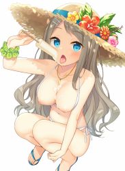 Rule 34 | 1girl, bekotarou, blue eyes, blush, breasts, breasts out, collarbone, comic anthurium, flower, food, full body, grey hair, hair ornament, hair scrunchie, hairclip, hat, hat flower, hibiscus, jewelry, large breasts, long hair, looking at viewer, navel, necklace, nipples, open mouth, popsicle, scrunchie, sidelocks, simple background, slippers, solo, squatting, straw hat, swept bangs, swimsuit, thighs, tongue, tongue out, wavy hair, white background
