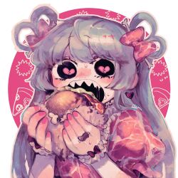 Rule 34 | 1girl, absurdres, ariyama ariko, black eyes, blush, bone hair ornament, border, broken heart, burger, circle, commentary, dress, eating, food, frilled wrist cuffs, frills, grey hair, hair ornament, hair rings, hands up, heart, heart-shaped pupils, highres, holding, holding food, imminent bite, long hair, meat print, open mouth, original, outside border, pink background, pink nails, pink pupils, pizza, pizza slice, print dress, puffy short sleeves, puffy sleeves, raised eyebrows, raw meat, saliva, sharp teeth, short eyebrows, short sleeves, solo, sweat, symbol-only commentary, symbol-shaped pupils, teeth, upper body, white border, wide-eyed, wrist cuffs