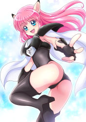 Rule 34 | 1girl, :d, armor, armored leotard, ass, black armor, black footwear, black gloves, black leotard, blue eyes, blush, boots, earrings, fal (phantasy star), fingerless gloves, gloves, hanzou, highres, hoop earrings, jewelry, leotard, long hair, looking at viewer, open mouth, phantasy star, phantasy star iv, pink hair, pointy ears, sega, shoulder armor, smile, solo, thigh boots, thighhighs