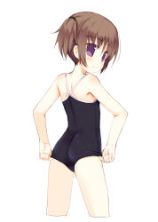 Rule 34 | 1girl, adjusting clothes, adjusting swimsuit, ass, back, blush, brown hair, competition school swimsuit, cropped legs, from behind, leotard, looking back, meito (maze), one-piece swimsuit, original, purple eyes, school swimsuit, short hair, short twintails, smile, solo, swimsuit, twintails