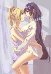 Rule 34 | 10s, 2girls, ayase eli, bed sheet, black hair, black socks, blonde hair, blue skirt, bow, bowtie, breasts, cleavage, collarbone, eye contact, from above, green bow, green eyes, green neckwear, hair between eyes, hair ornament, hair scrunchie, holding hands, interlocked fingers, kneehighs, long hair, looking at another, love live!, love live! school idol project, medium breasts, miniskirt, multiple girls, no bra, no panties, no shoes, open clothes, open shirt, pleated skirt, ponytail, scrunchie, shirt, skirt, smile, socks, striped bow, striped neckwear, tojo nozomi, unworn bowtie, very long hair, white shirt, yuri