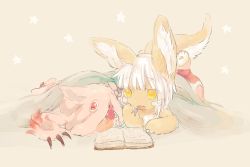 Rule 34 | 1girl, :3, :d, animal ears, bad id, bad pixiv id, blanket, book, claws, creature, furry, hideko (l33l3b), made in abyss, mitty (made in abyss), nanachi (made in abyss), open book, open mouth, pants, reading, red eyes, short hair, smile, topless, under covers, whiskers, white hair, yellow eyes