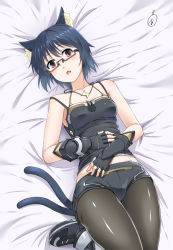 Rule 34 | 1girl, :o, animal ears, bed sheet, brown eyes, cat ears, cat tail, collarbone, fang, fingerless gloves, glasses, gloves, groin, jewelry, lying, multiple tails, necklace, nekomata, original, pantyhose, pantyhose under shorts, phantasy star, phantasy star online 2, shimotsuki iko, shorts, solo, tail, two tails