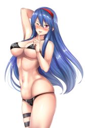 Rule 34 | 1girl, absurdres, alternate costume, arm up, armpits, bad id, bad twitter id, bikini, black bikini, blue hair, blush, breasts, cameltoe, cleavage, collarbone, cowboy shot, eyebrows, finger to mouth, gakuen taisen valkyries, glasses, hair between eyes, hairband, highres, index finger raised, large breasts, legs together, long hair, looking at viewer, navel, open mouth, pink eyes, rimless eyewear, sabra greengold, shiny skin, shushing, simple background, skindentation, smile, solo, strap gap, string bikini, sweat, swimsuit, thigh strap, toned, underboob, untue, white background