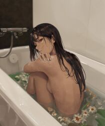 Rule 34 | 1girl, bath, bathing, bathtub, black hair, breasts, chainsaw man, cross scar, facial scar, faucet, flower, highres, long hair, looking back, luxearte, medium breasts, nude, partially submerged, red eyes, scar, scar on cheek, scar on face, solo, water, wet, yoru (chainsaw man)