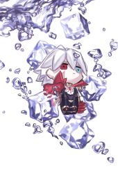 Rule 34 | 1boy, blue eyes, cape, character doll, chibi, colored skin, fate/apocrypha, fate (series), heterochromia, highres, ice, ice cube, karna (fate), male focus, mchi, solo, water, white hair, white skin